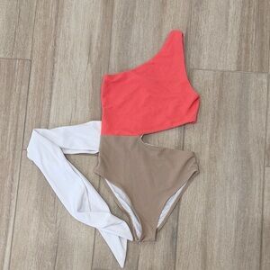 Beach Riot Coral and Tan One-Shoulder Swimsuit